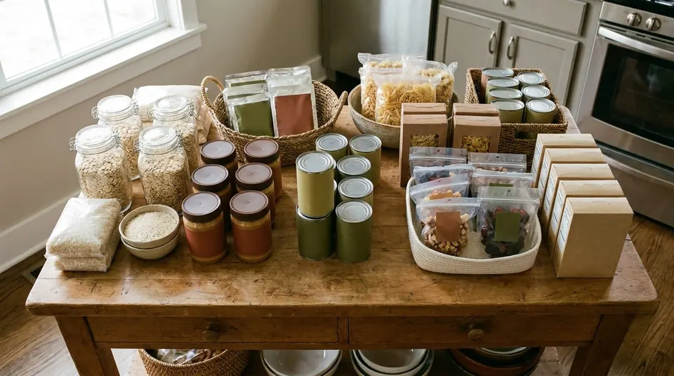Two-week emergency grocery haul laid out on a kitchen island