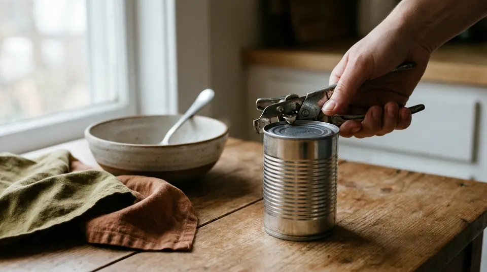 Manual can opener opening a can of beans on a wooden table