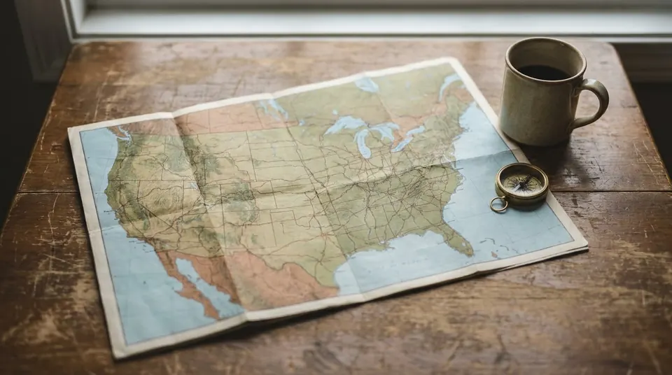 Paper road map of the United States with a compass and coffee mug