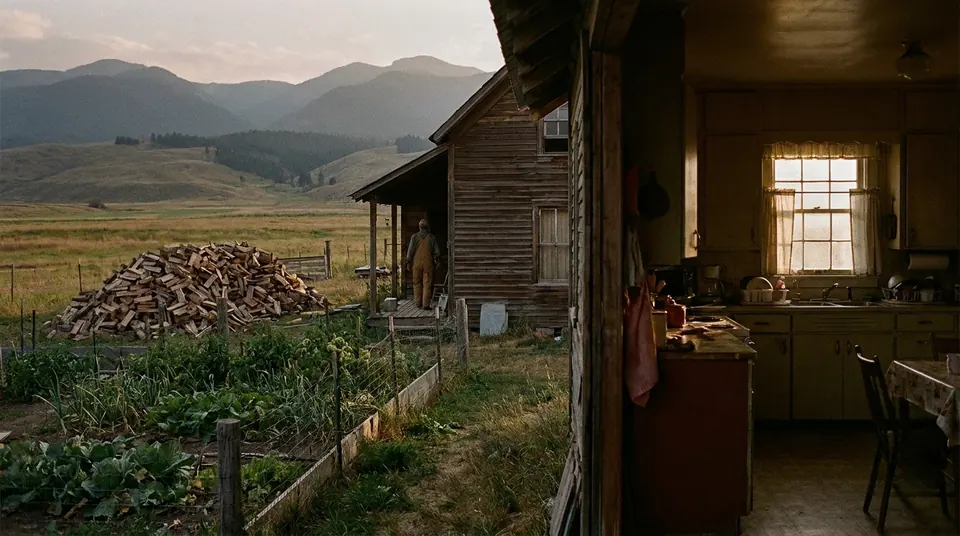 Rural homestead in a wide valley with mountains at golden hour