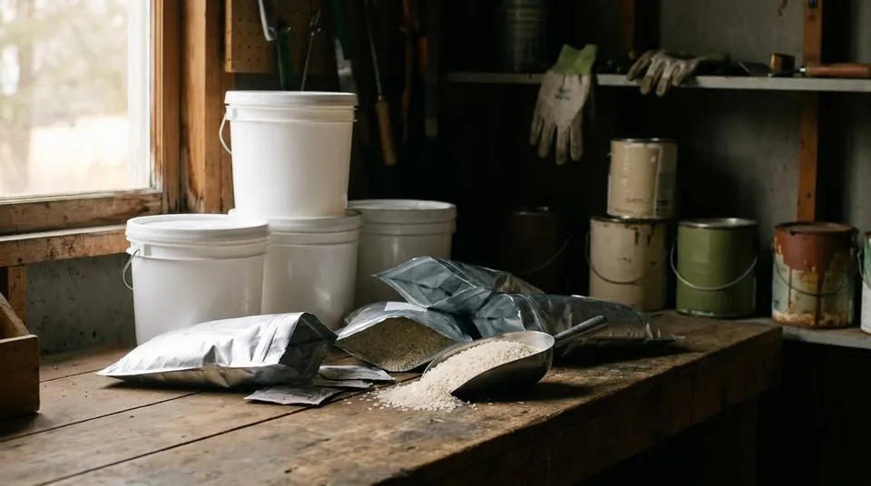 Food-grade buckets and mylar bags with oxygen absorbers on a workbench