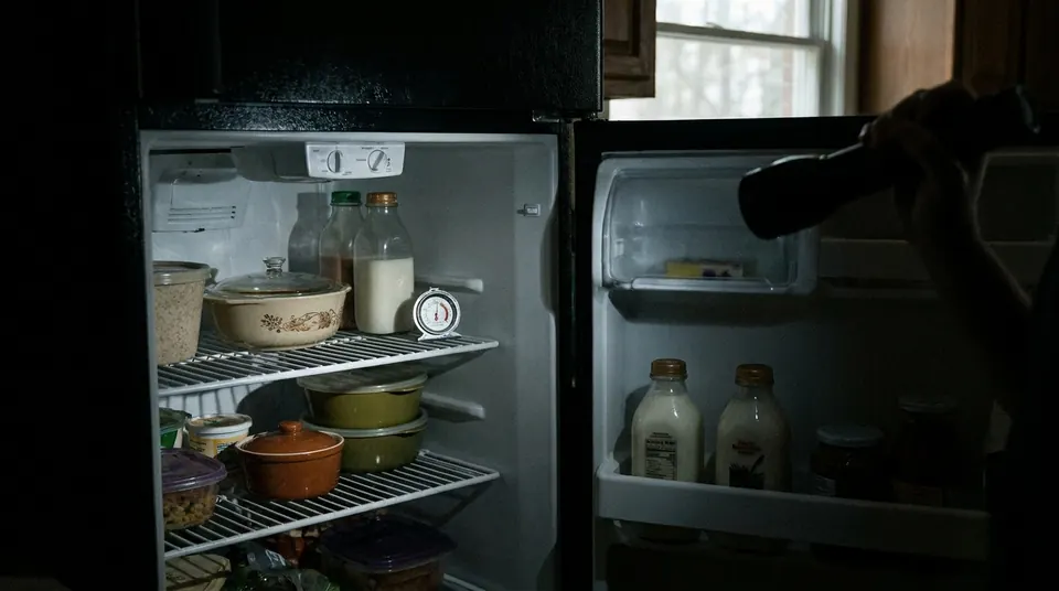Open refrigerator in a dark kitchen during a power outage, lit by a flashlight