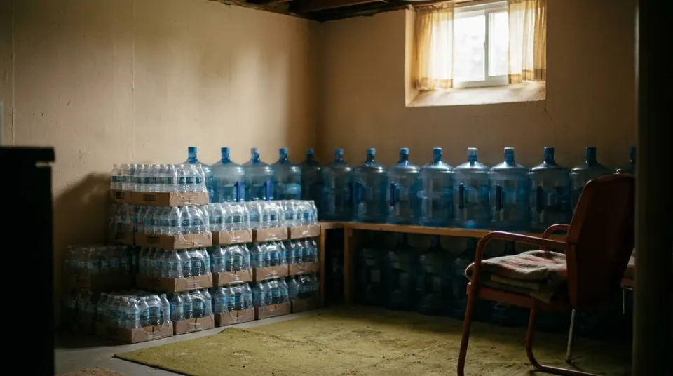 Blue 5-gallon water jugs and cases of bottled water stored in a basement