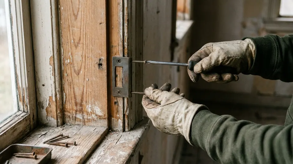 Installing a heavy-duty strike plate with long screws on a door frame