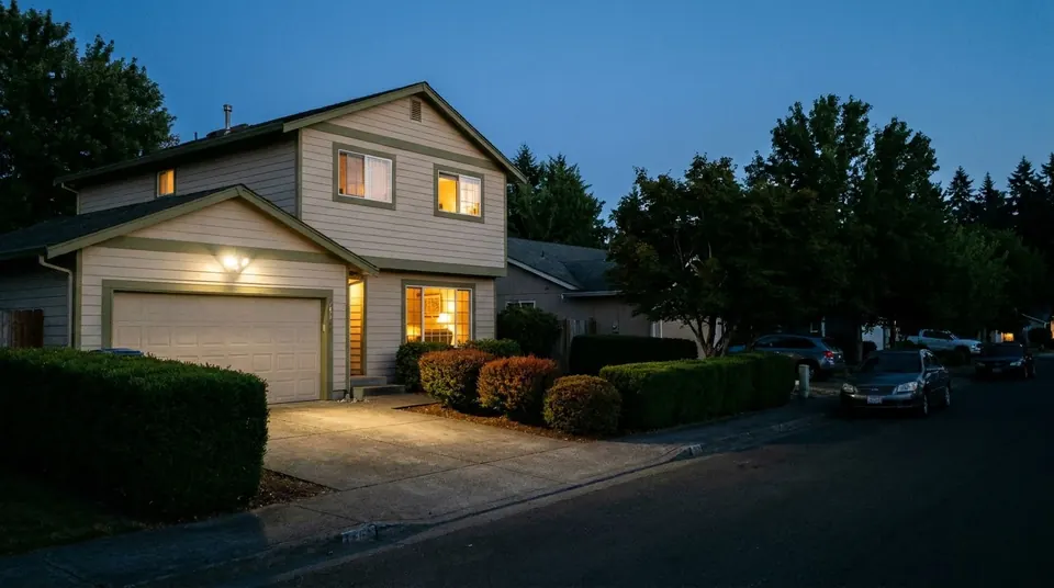 Suburban house at night with lights on and a motion light over the garage