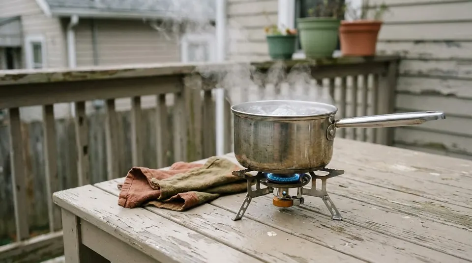 Pot of water at a rolling boil on a camp stove outdoors