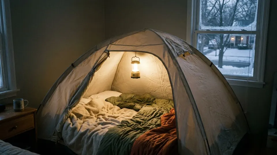 Small indoor tent with quilts and sleeping bags set up in a bedroom for warmth