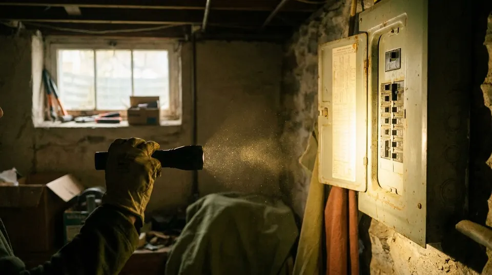 Hand holding a flashlight at a breaker panel in a dim basement