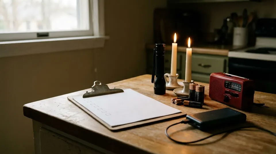 Clipboard checklist with flashlight, batteries, candles and a radio on a kitchen counter