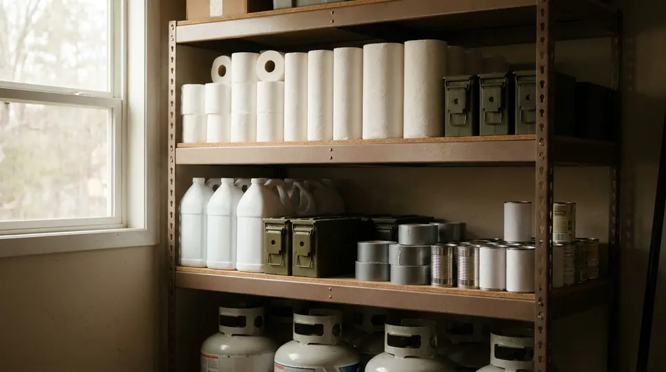 Garage shelves stocked with toilet paper, batteries, canned food and propane cylinders