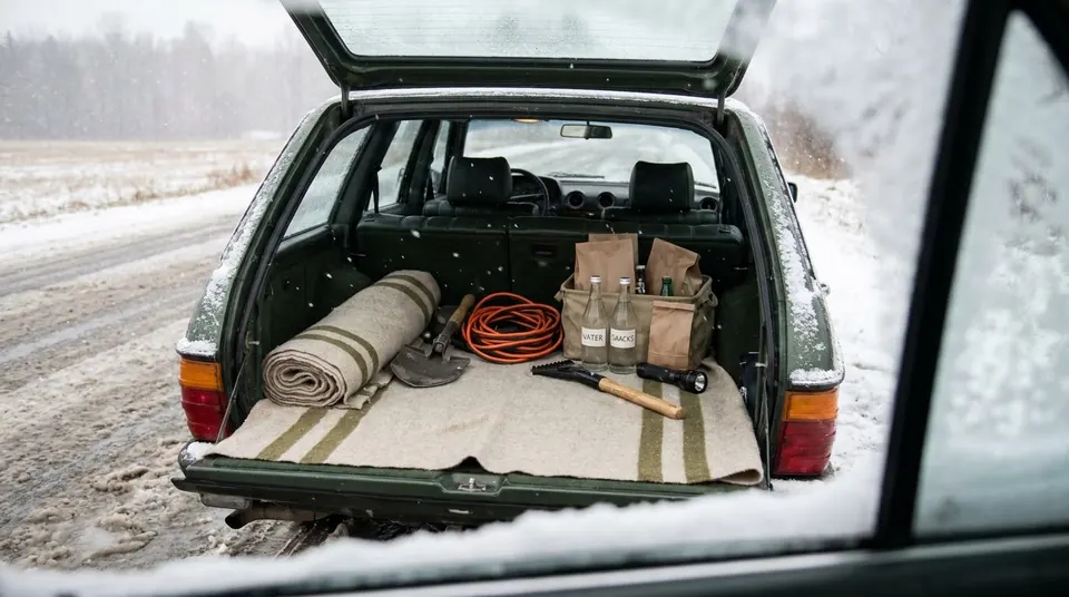 Open car trunk on a snowy road with a winter emergency kit